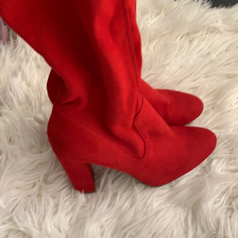 Women red suede block boots